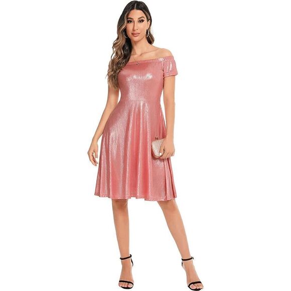 ✨ NWT Metallic Off Shoulder Short Sleeve Cocktail Party Club Pink Dress NWT - Picture 5 of 16